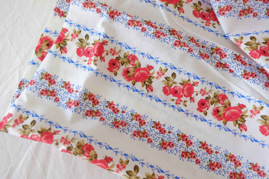 Vintage Rose Stripe Cotton Lawn Fabric – White Floral Garden Print (3.8 yd Cut)