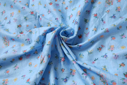 Soft Blue Floral Linen Cotton Fabric, Lightweight and Airy for Dresses and Blouses, 3.28 Yards