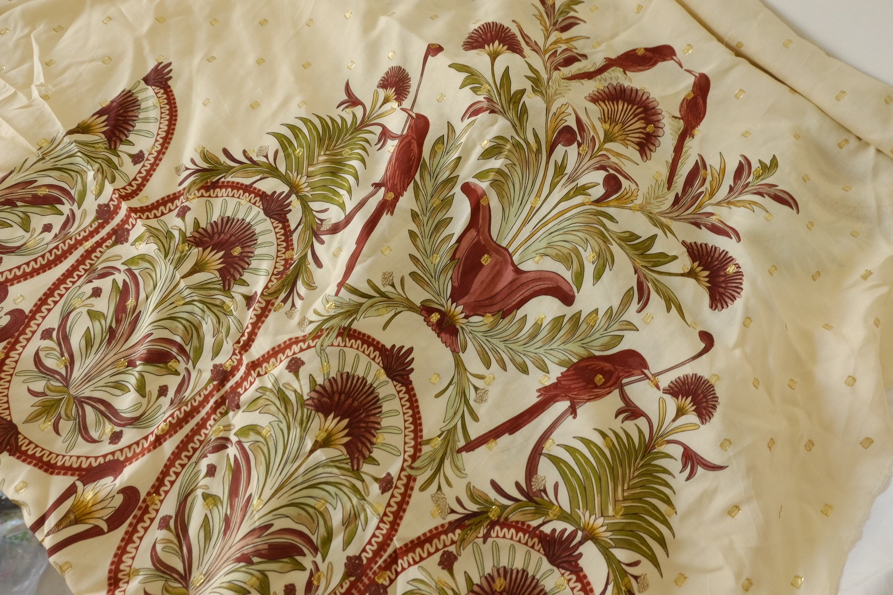 Burgundy Botanical Gold-Dot Rayon Challis – 2.6 yd