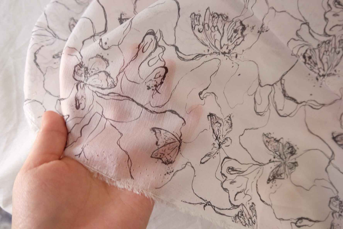 Black Sketch Floral Tencel Blend Fabric – 3.3 yd
