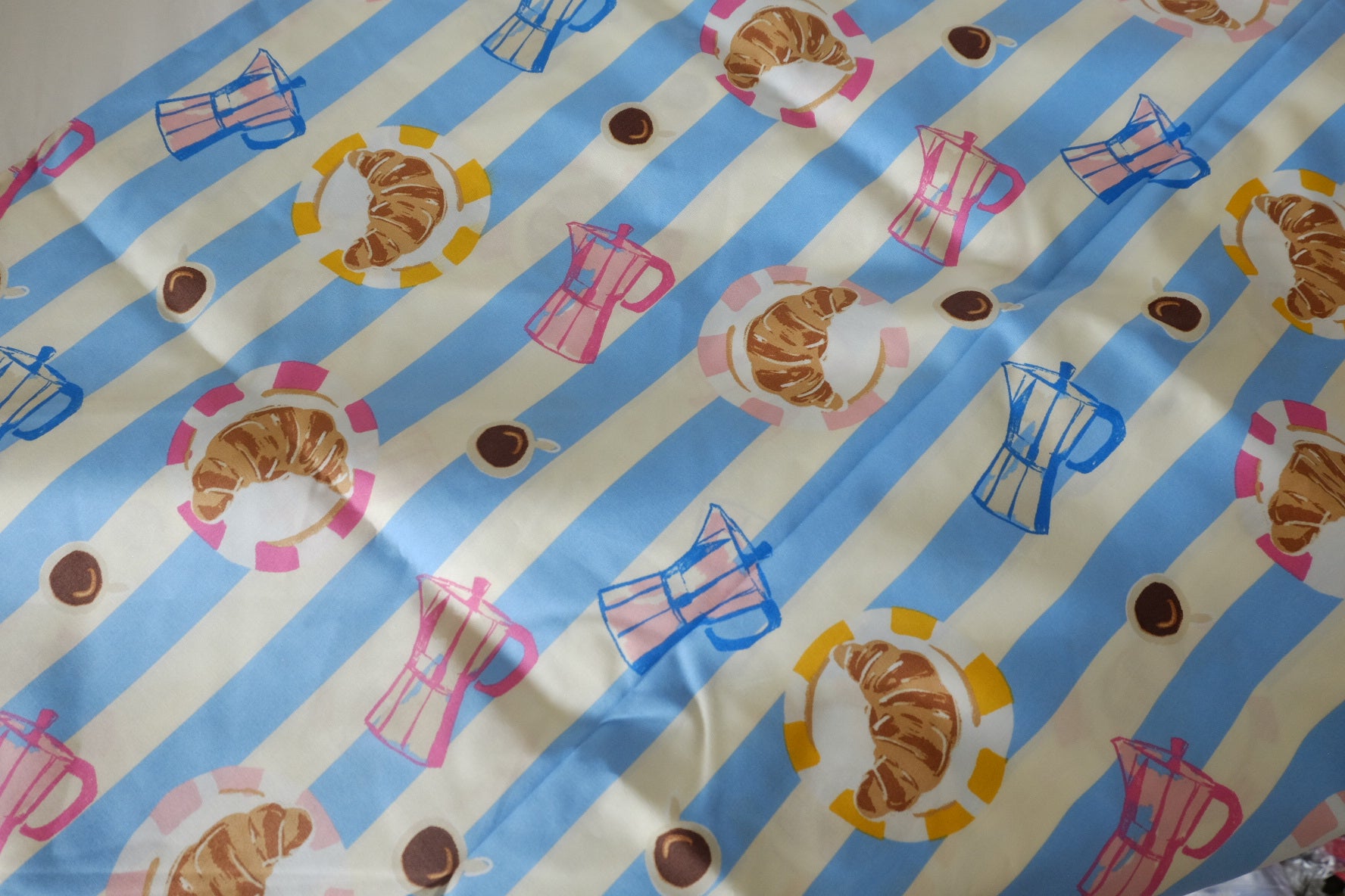 Breakfast Stripe Cotton Lawn Fabric – Croissant & Coffee Print – 1.64 yd or 2.19 yd