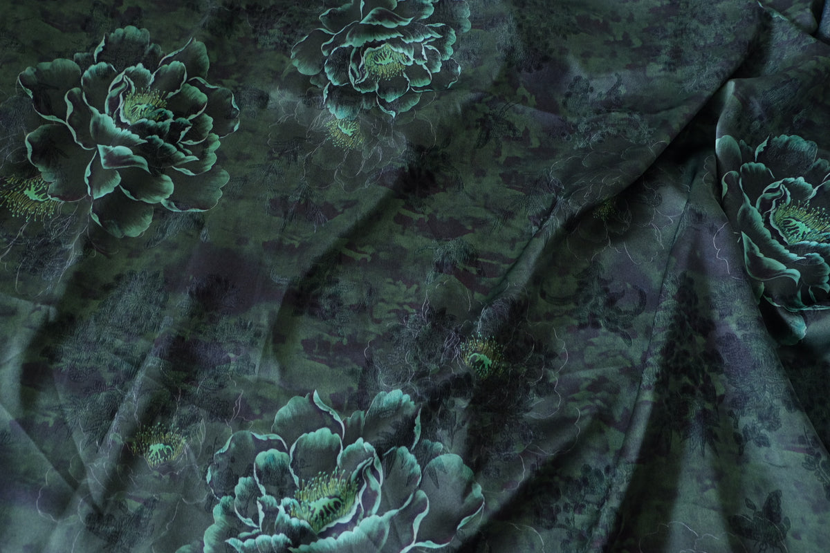 Midnight Emerald Floral Viscose Jacquard Satin-2.2 yards