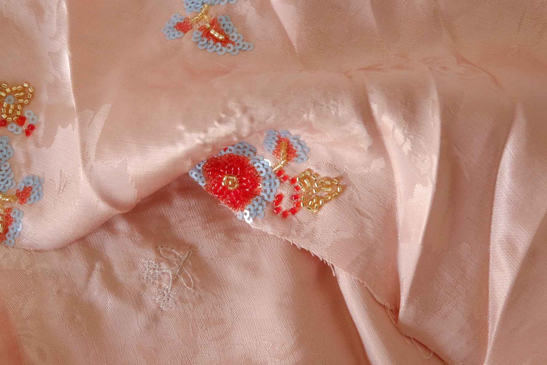 Blush Pink Beaded Jacquard Satin Fabric – 1.6 yd