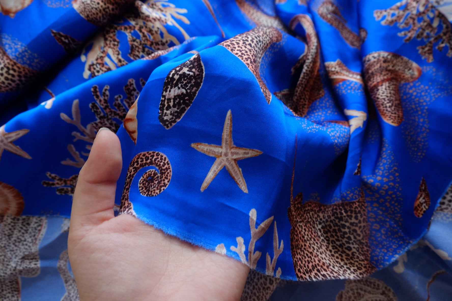 Ocean Blue Satin Rayon Sea Life Fabric - 3.28 yd