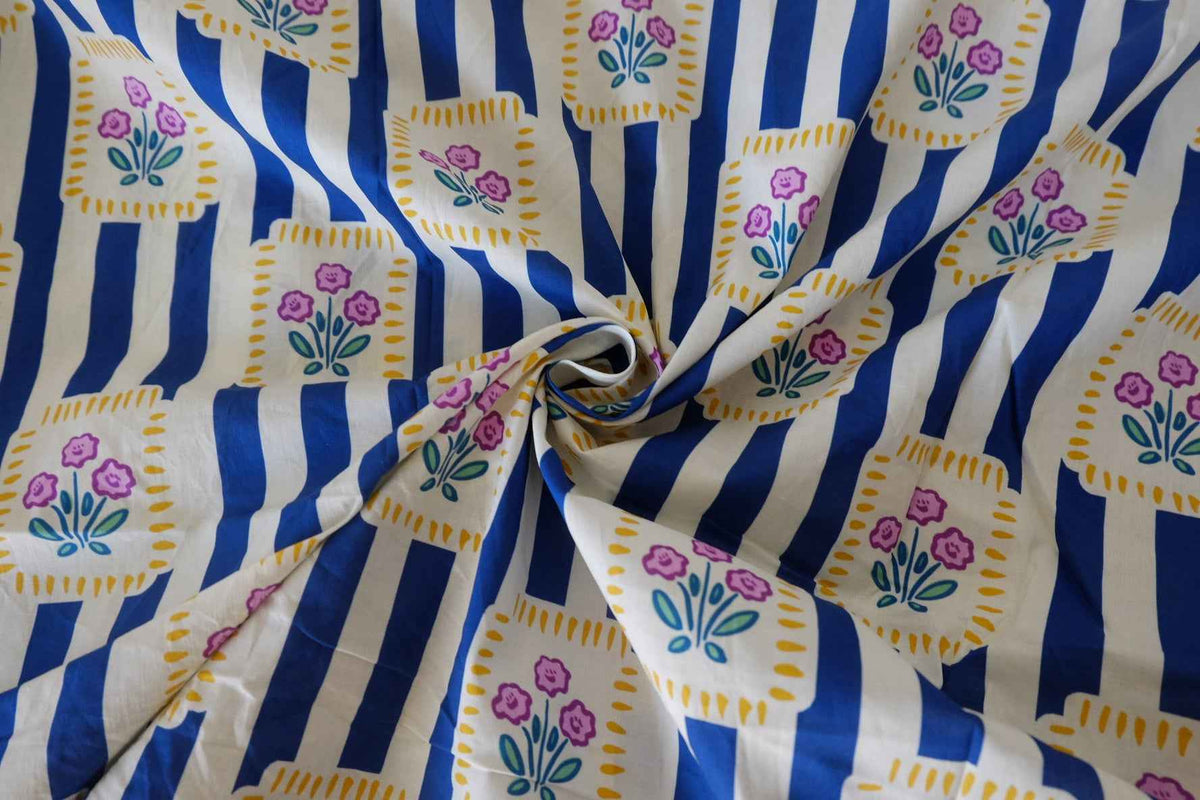 Cobalt Blue Stripes & Folk Flowers Cotton Poplin Fabric – 2.5 yd