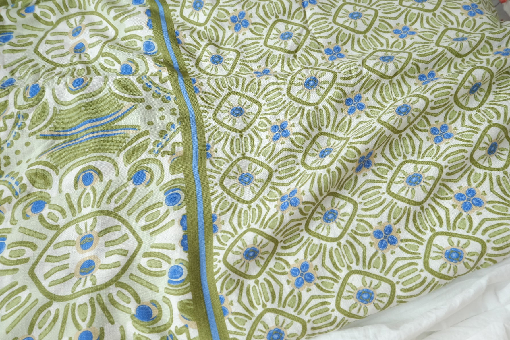Border Print Rayon Fabric in Olive and Blue, Light & Drapey, 2.1 Yards