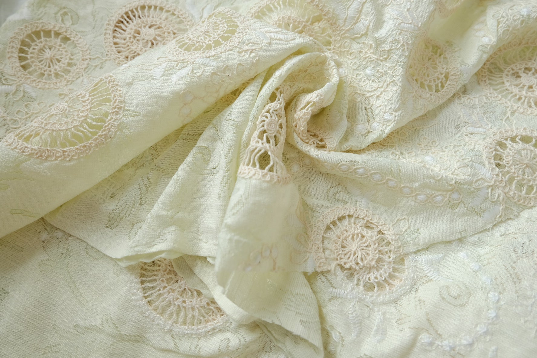 Rococo Cutwork Embroidered Jacquard Fabric – Ornate Cream Statement Textile (2.19 yards)