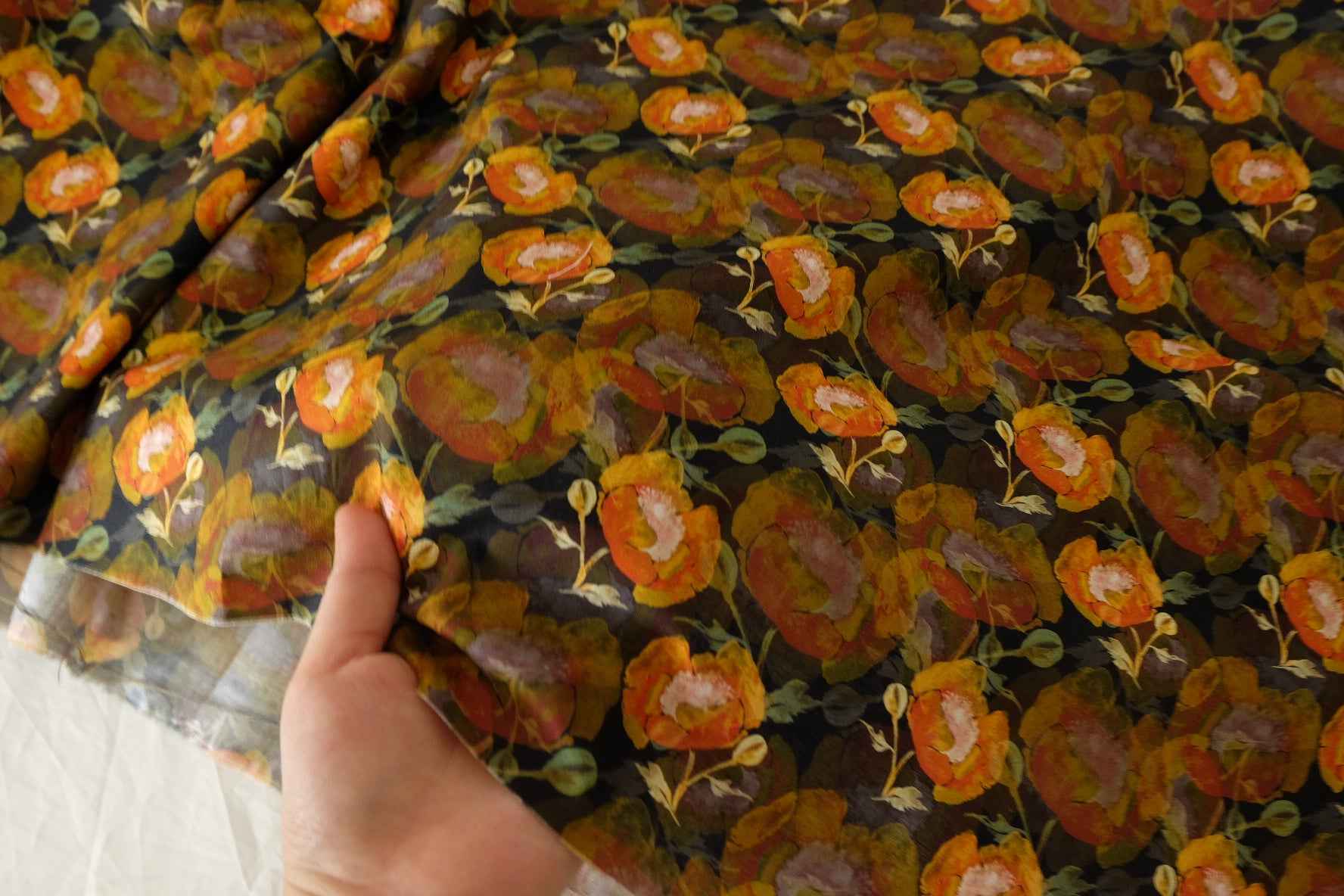 Watercolor Orange Floral Cotton Fabric – 1.1 yd