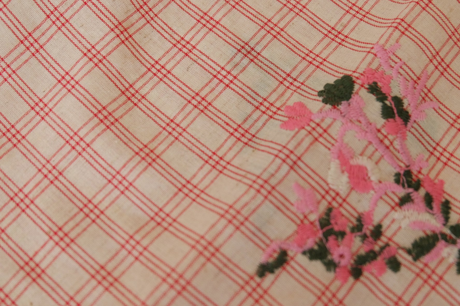 Embroidered Linen Cotton Blend Check Fabric – Pink Floral Detail – 1.3 yd