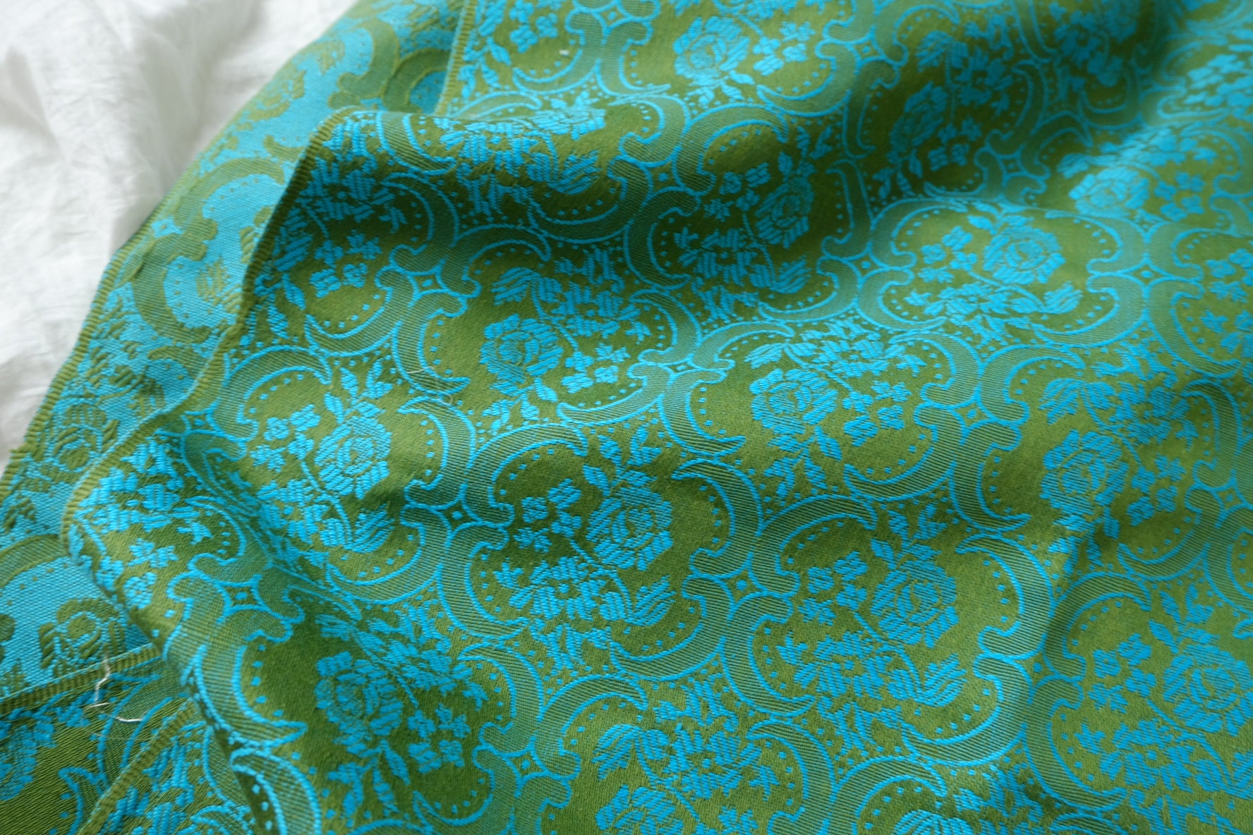 Teal Green Floral Brocade Fabric — 2.19 yd