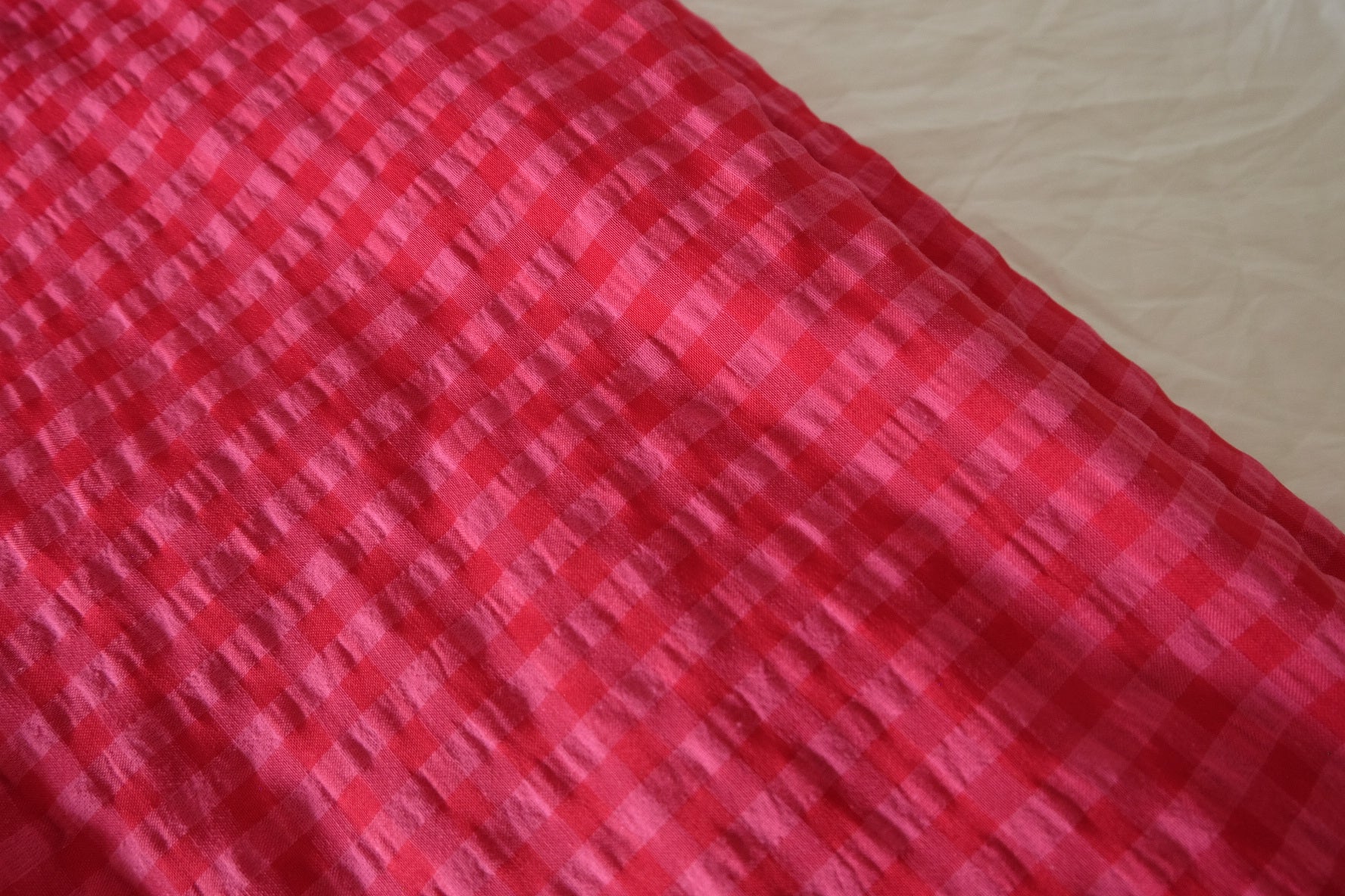 Berry Pink Seersucker Check Poly Cotton Fabric, 2.19 Yards