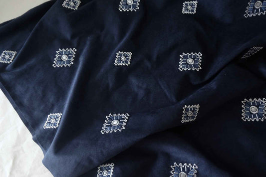 Navy Geometric Embroidered Faux Suede – 1.6 yd