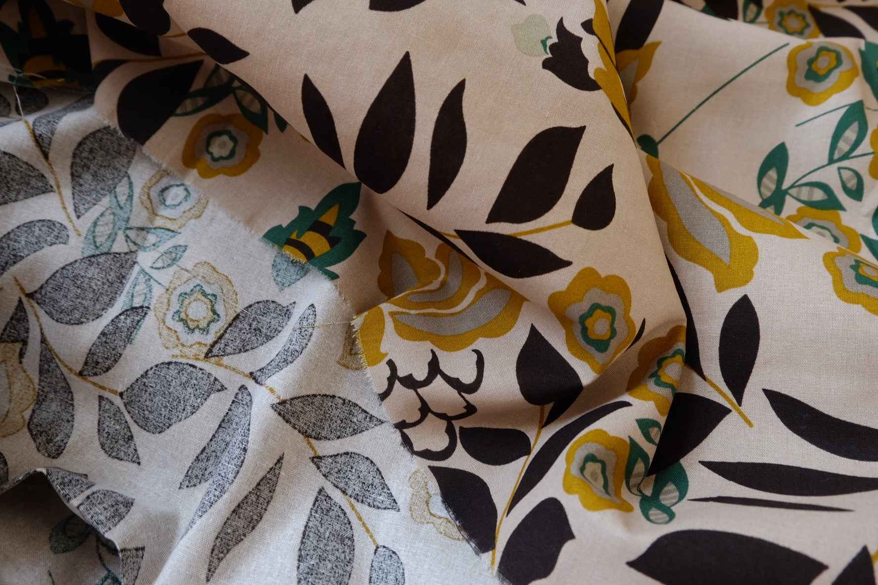 Mustard Floral Cotton Linen Fabric - 1.64 yd