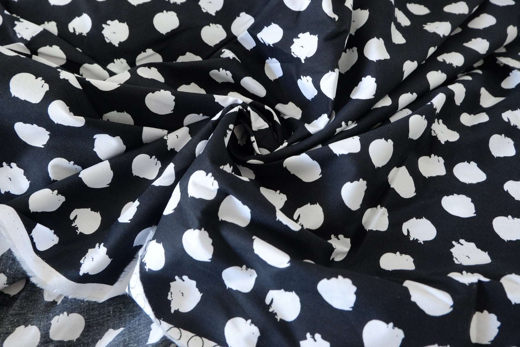 Heavy Cotton Poplin Fabric – Black & White Abstract Brush Dot Print – 2.2 yd
