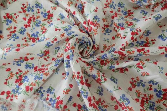 Red & Blue Wildflower Printed Pure Linen Fabric – 1.6 yd