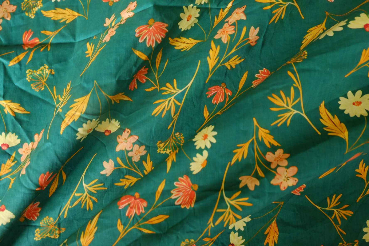 Teal Meadow Floral Cotton Lawn — 3.4 yd