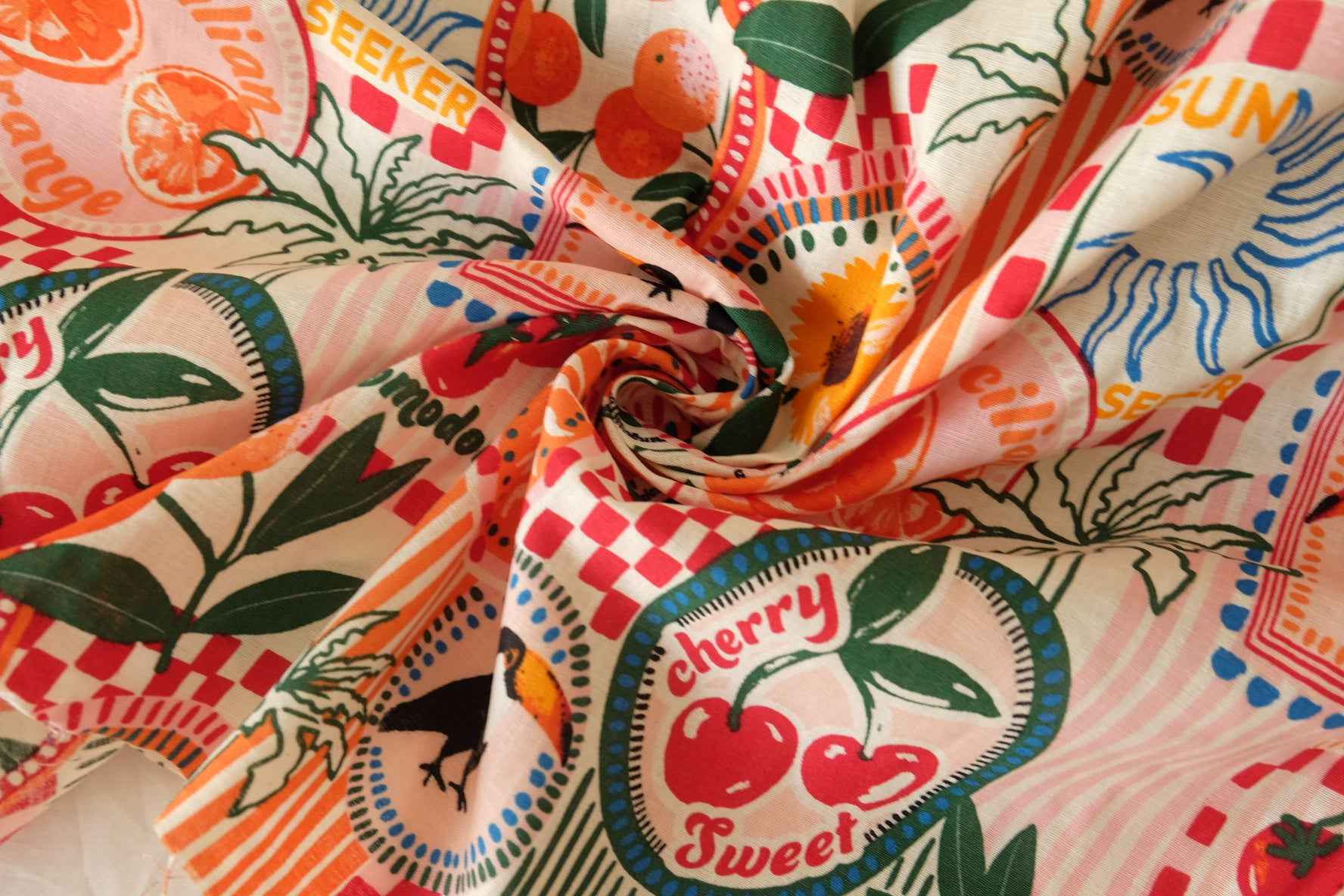 Structured Cotton Linen Fruit Collage Print Fabric – 2.2 yd