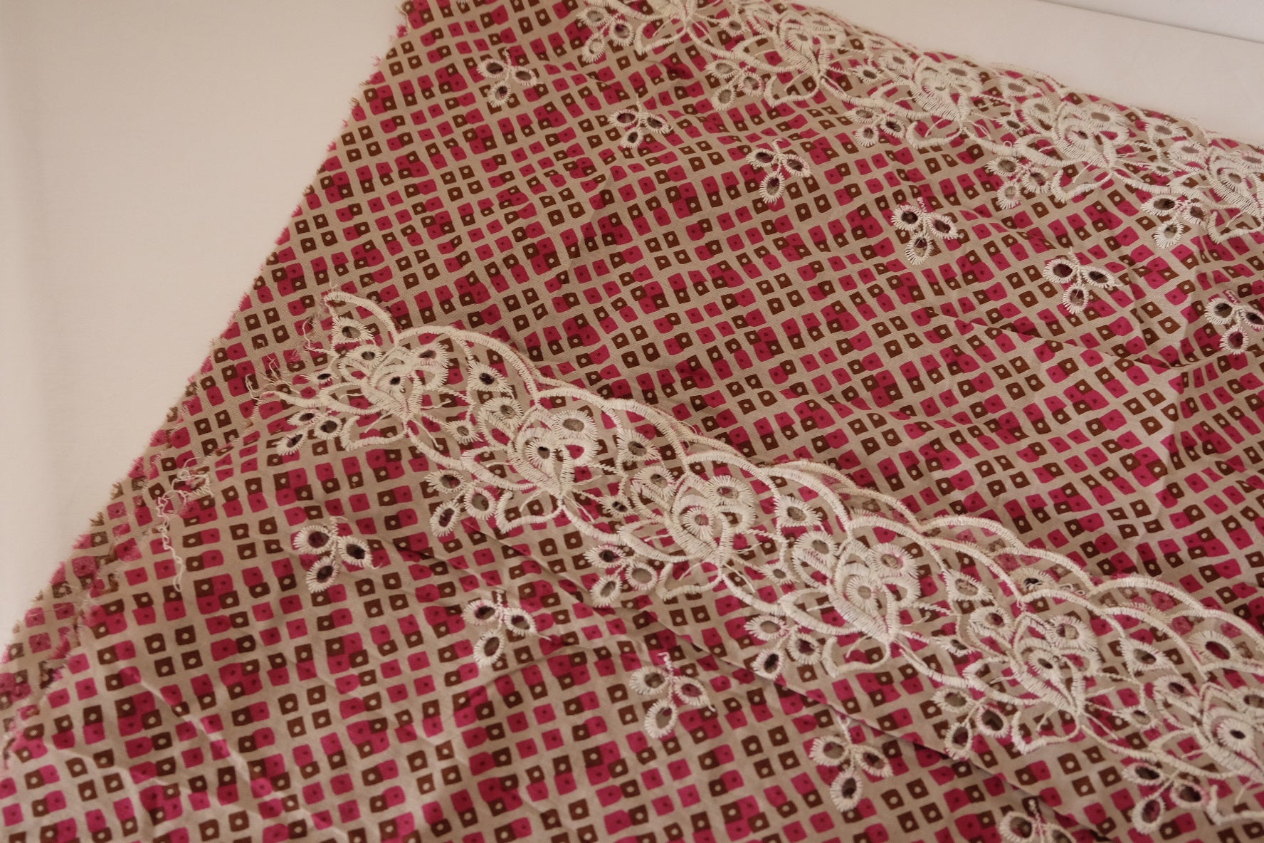 Pink Geometric Cotton Embroidered Border Fabric – 2.2 yd