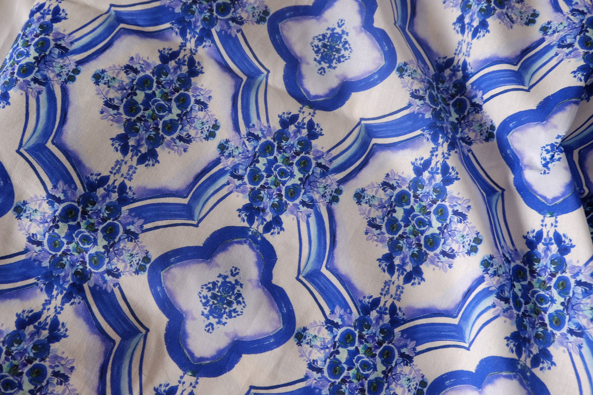 Blue Floral Tile Cotton Poplin — 3.28 yd