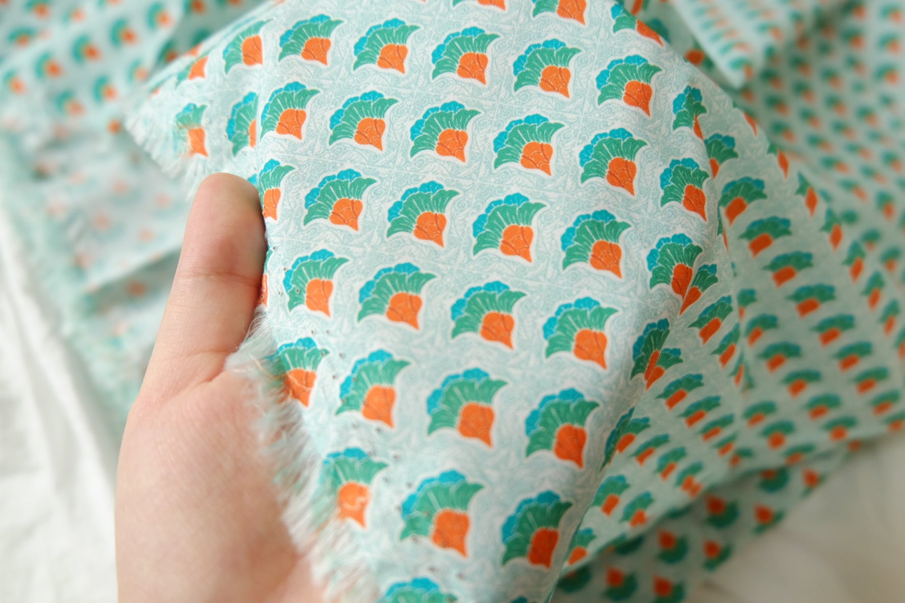 Mint and Orange Geometric Cotton Poplin for Shirts and Dresses 3.3 Yards