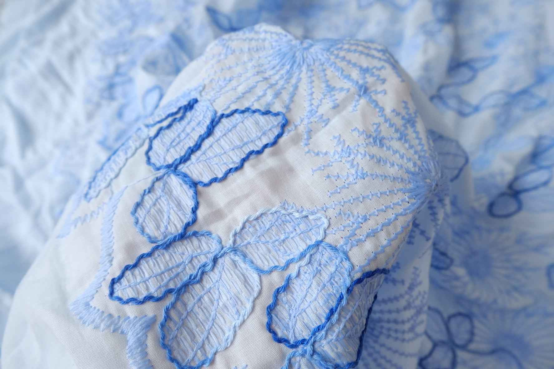 Allover Embroidered Cotton Fabric, Soft Blue on White, 1.64 Yards