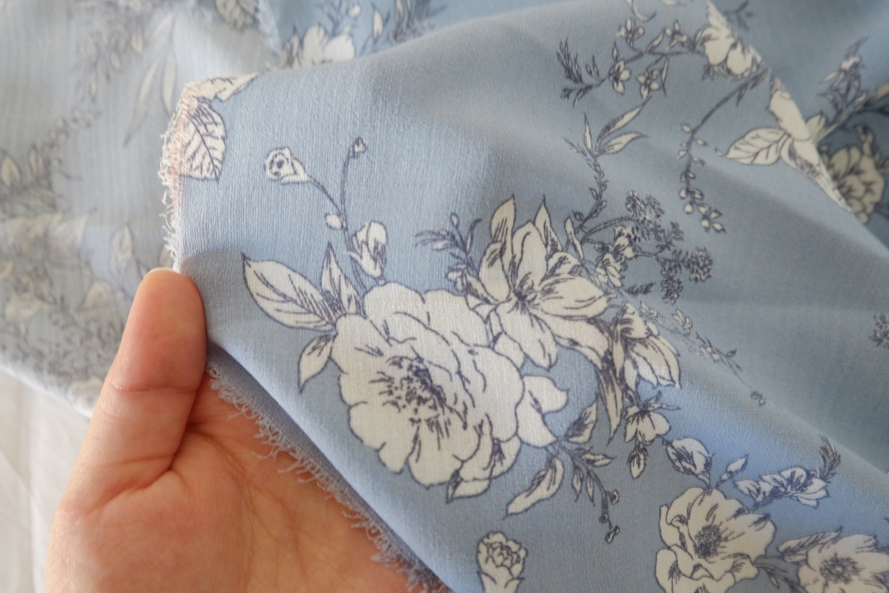 Blue Sketch Floral Viscose Rayon Fabric – 3.3 yd