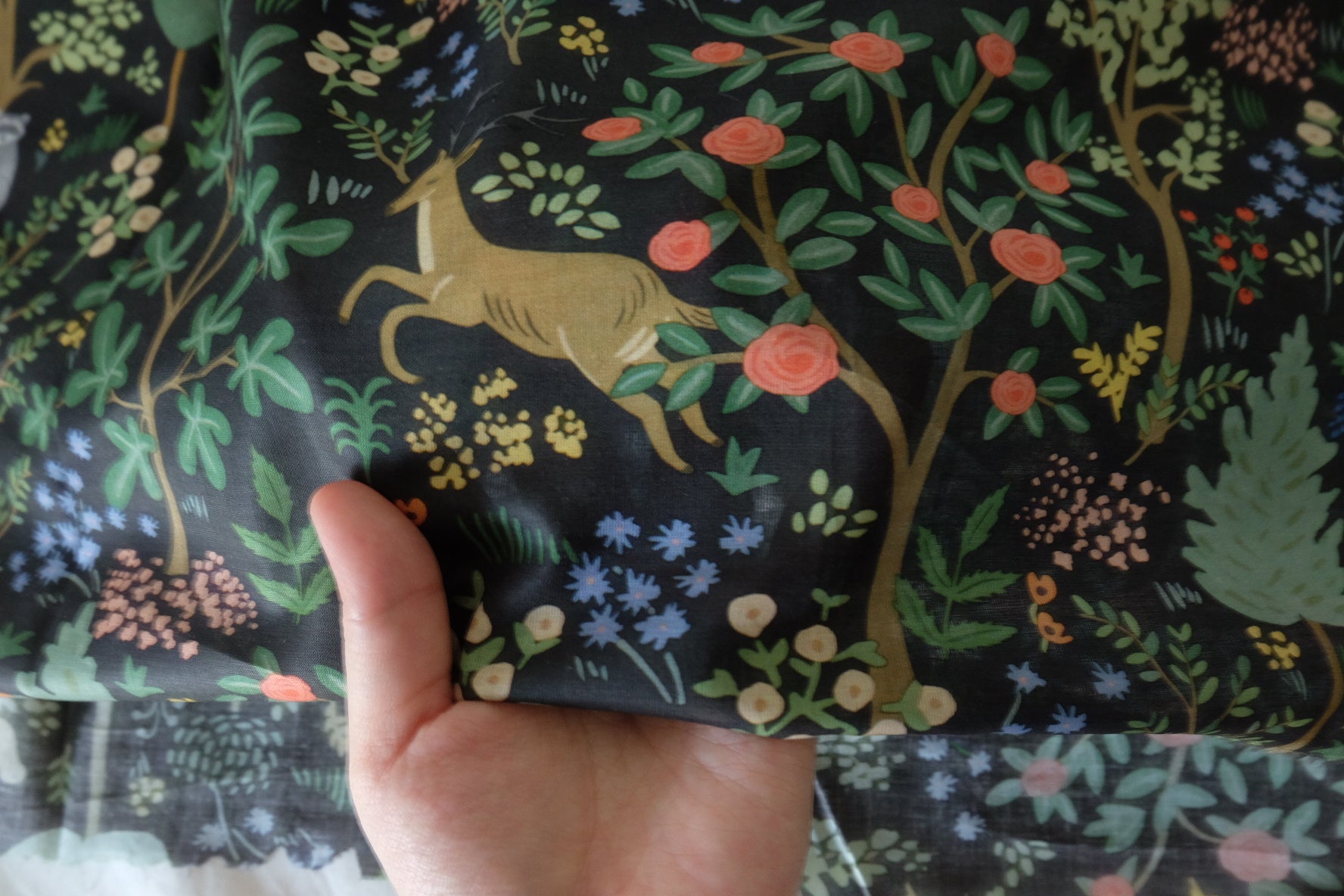 Dark Woodland Garden Cotton Voile Fabric – Storybook Floral & Nature Print – 2.2 yd