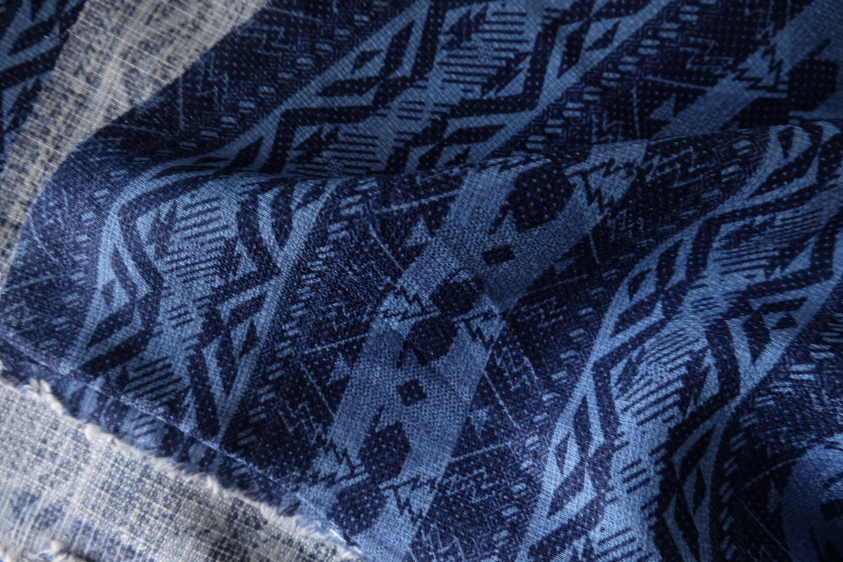Indigo Folk Geometry – Rustic Cotton Linen Fabric | 2.2 yards