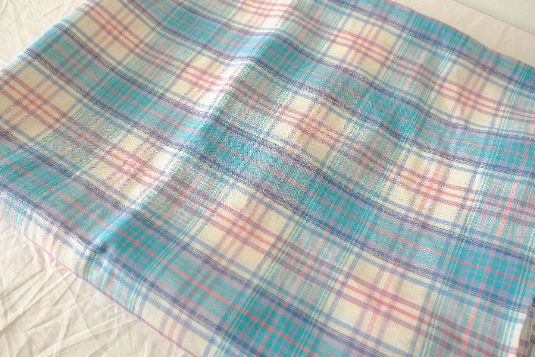 Aqua & Blush Plaid Yarn-Dyed Linen Fabric – 2.19 yd Piece