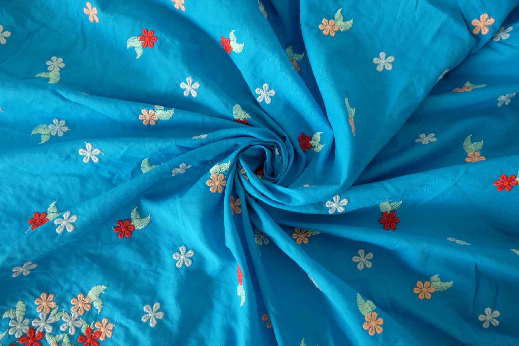 Double-Sided Floral Embroidered Cotton Fabric – Soft Blue Base – 1.9 yd Cut