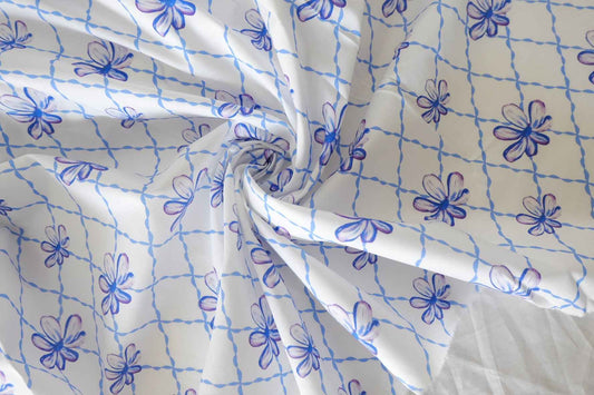 Blue Trellis Bloom Print Cotton Lawn Fabric – 2.52 yd Piece