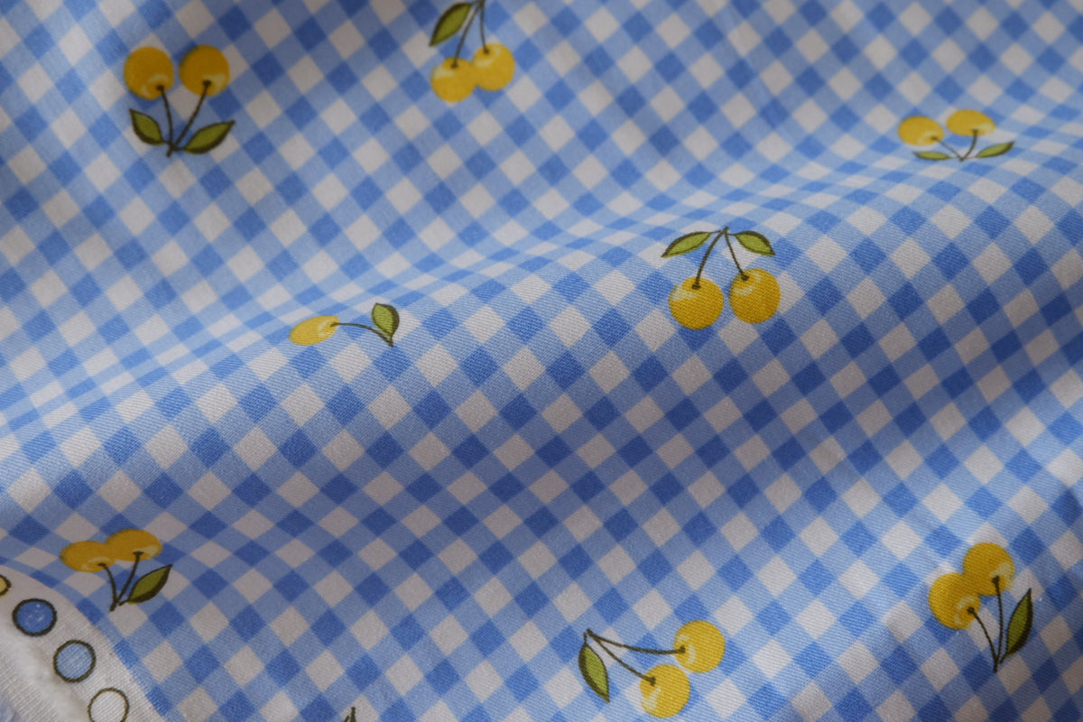 Little Golden Cherries Blue Gingham Cotton Poplin – 2.7 yd