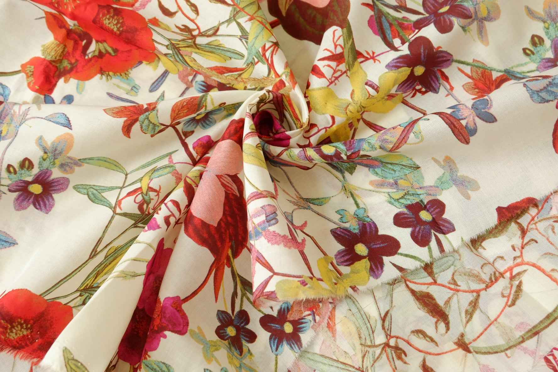 Botanical Floral Cotton Voile Fabric, Lightweight Summer Dress Fabric, 3.28 Yards