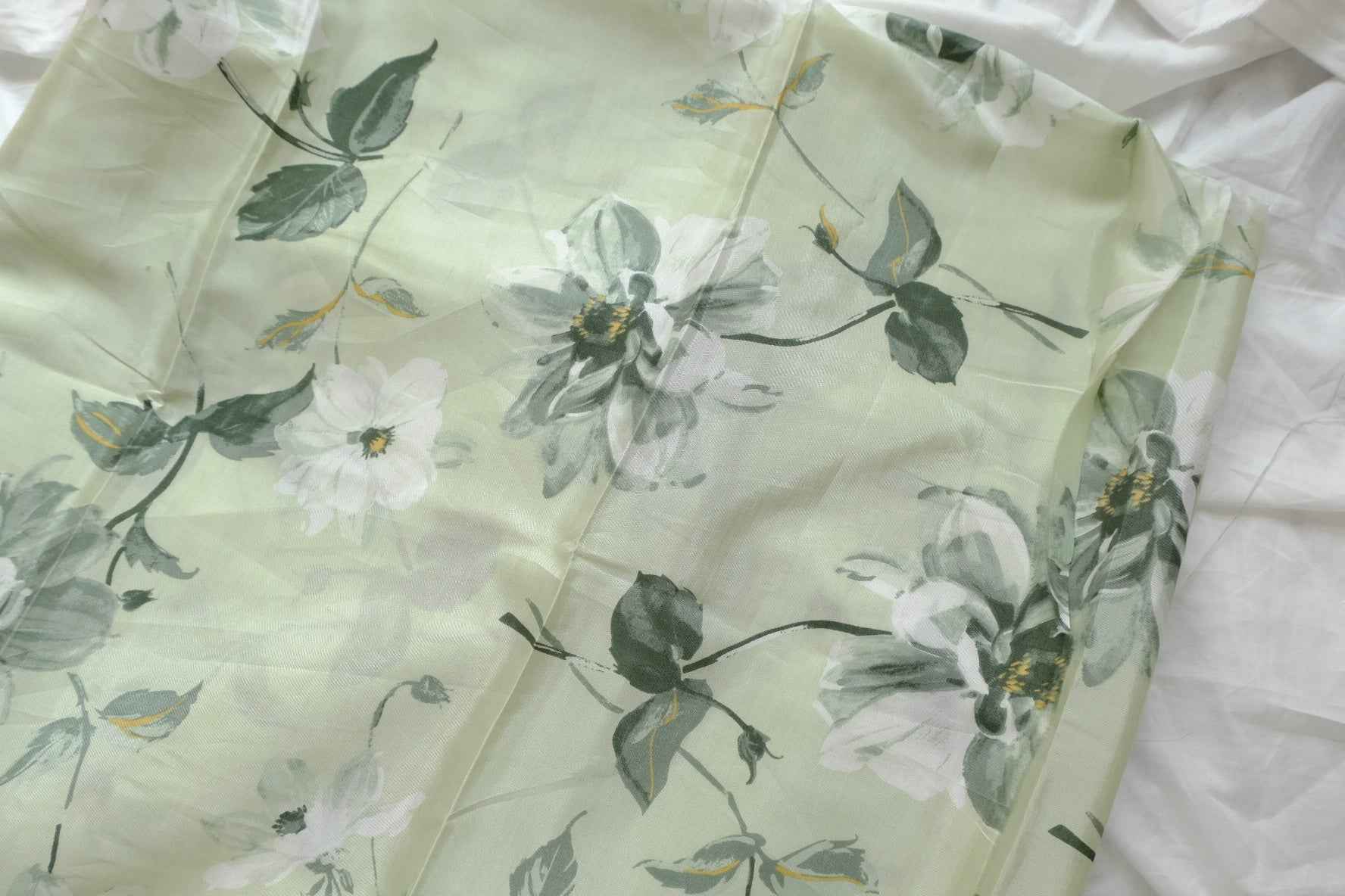 Soft Green Floral Tencel Satin Fabric, Lightweight Drapey Dress Weight, 2.19 Yards