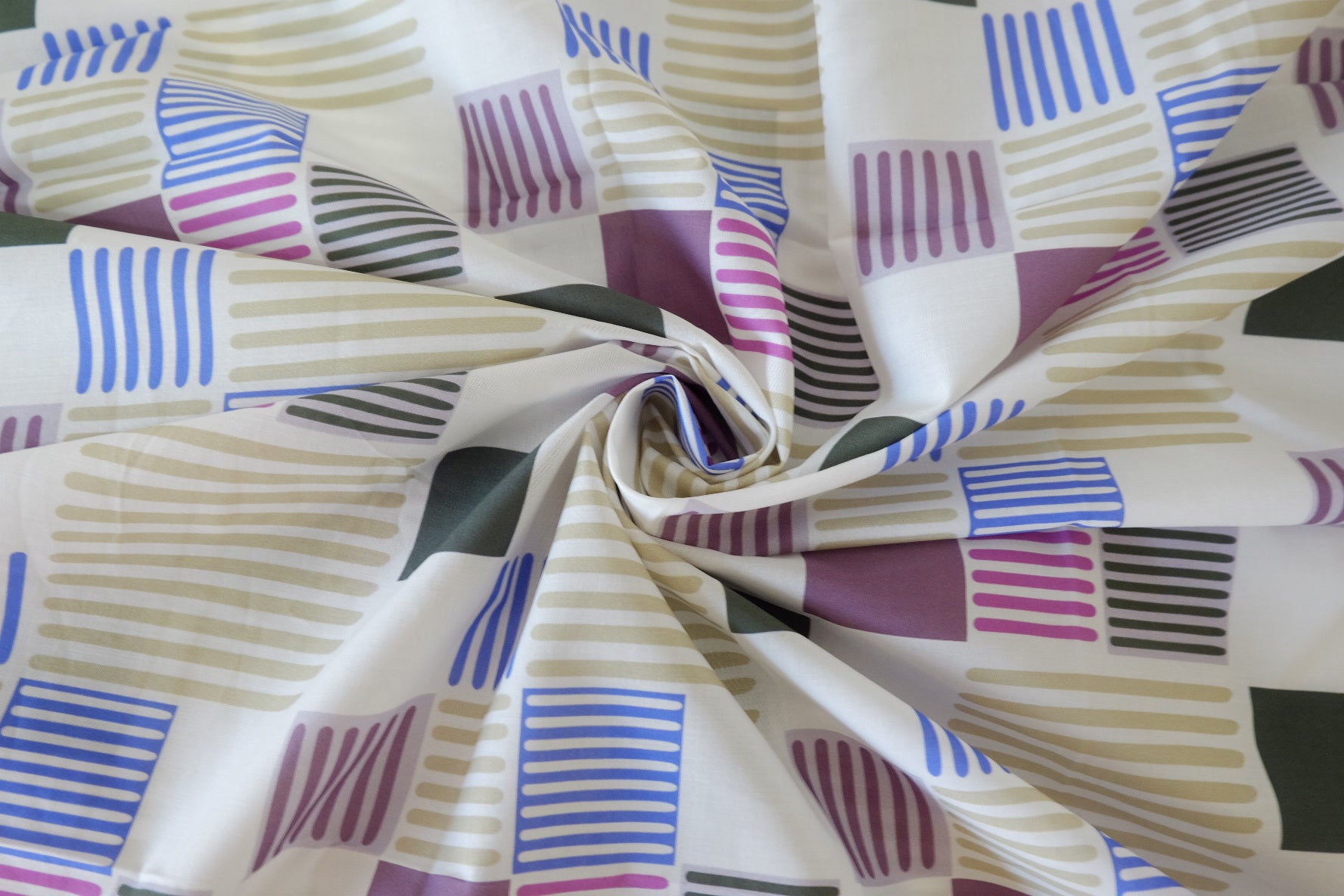 Modern Geometric Cotton Poplin Fabric – Retro Block Stripe Print (1.6 yd Cut)