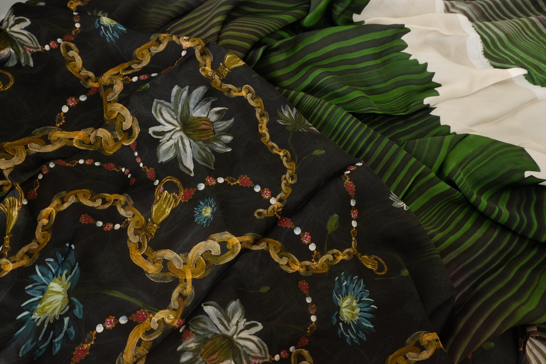 Green Scarf Print Border Rayon Fabric – 3.3 yd