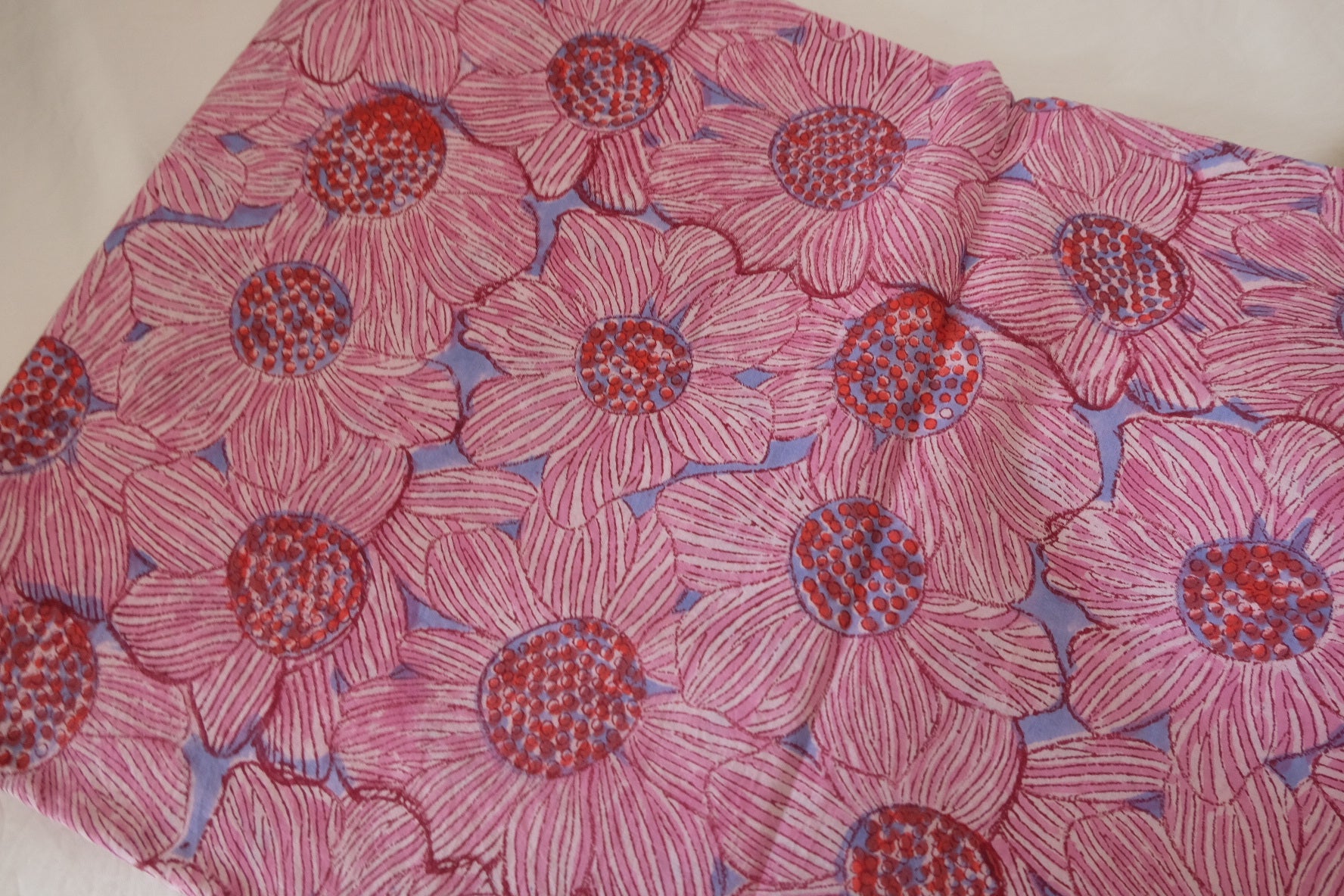Hand Block Printed Indian Cotton Fabric – Pink Lotus Floral – Sold by the Meter
