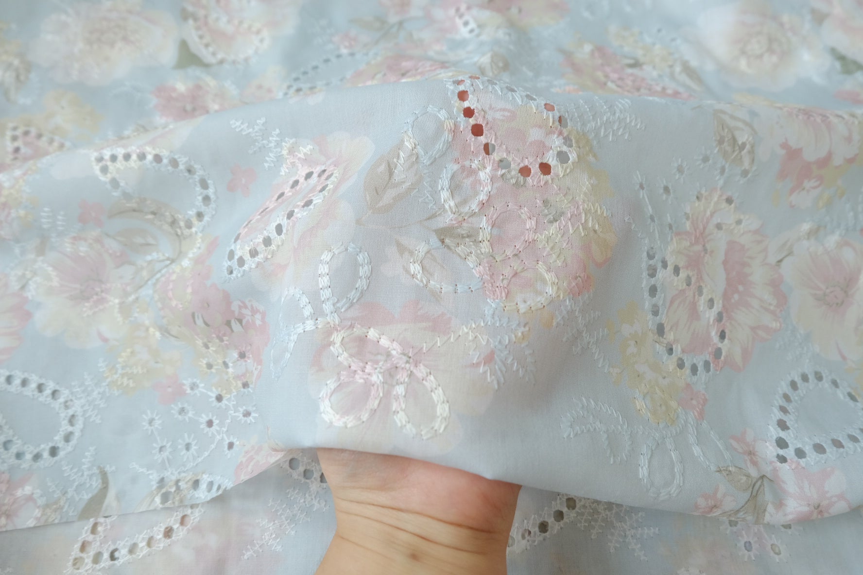 Pastel Floral Embroidered Cotton Blend, 2.19 Yards