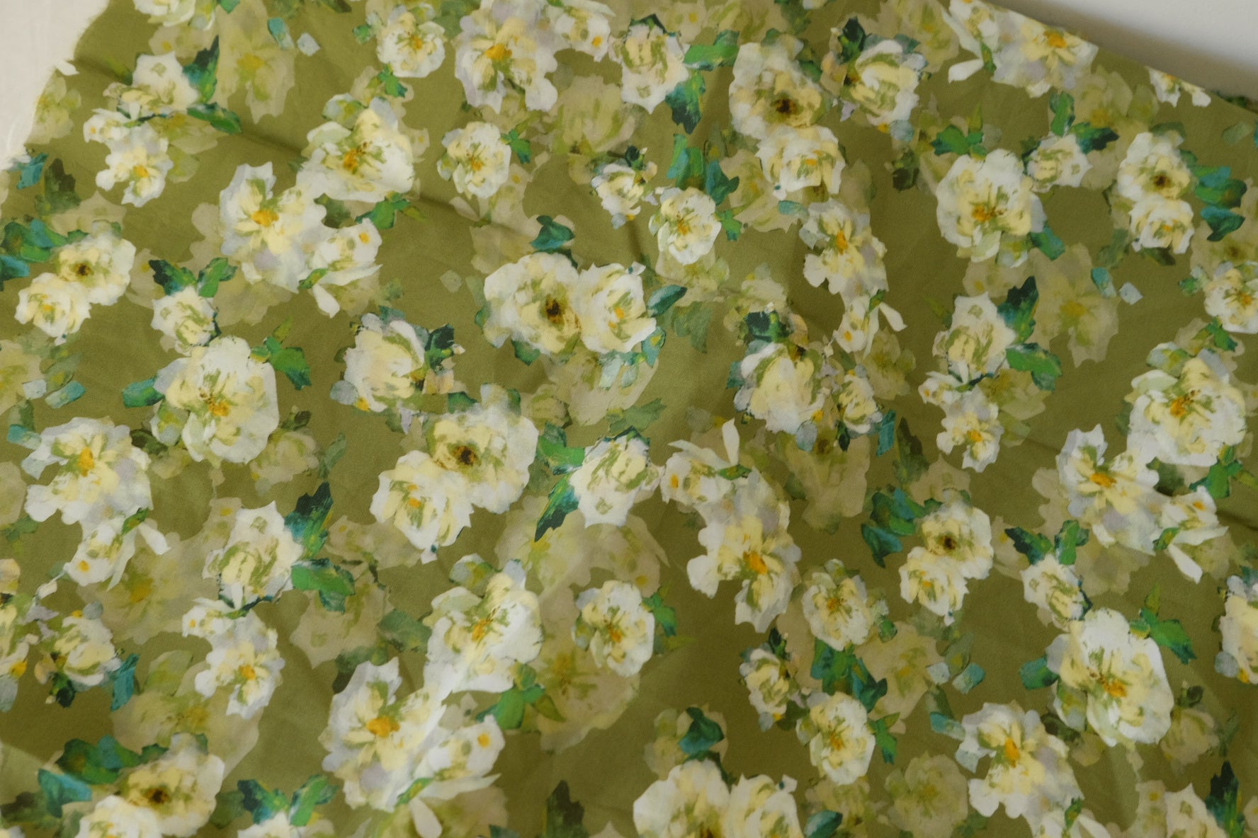 Soft Green Watercolor Floral Cotton Lawn Fabric – Ivory Blossom Print (1.1 yd Cut)