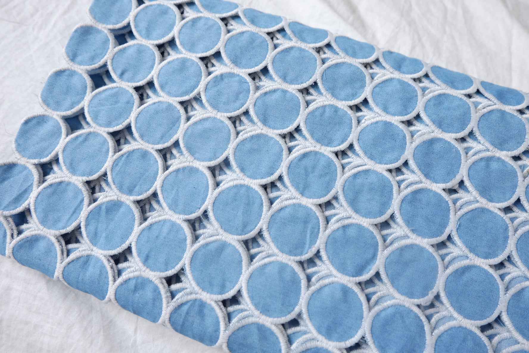Blue Circle Eyelet Embroidered Denim Fabric - 1.75 yd