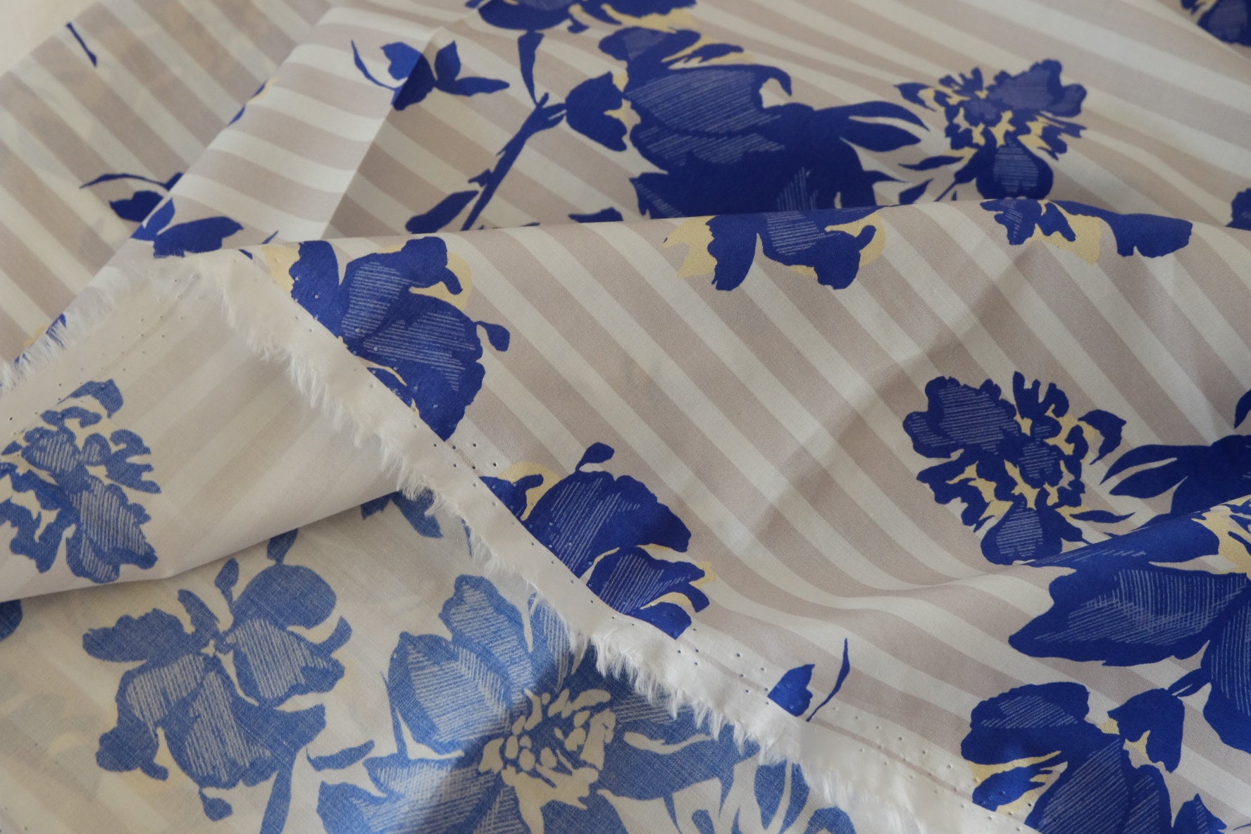 Blue Floral Stripe Cotton Lawn Fabric – Lightweight Summer Garden Print – 1.6 yd