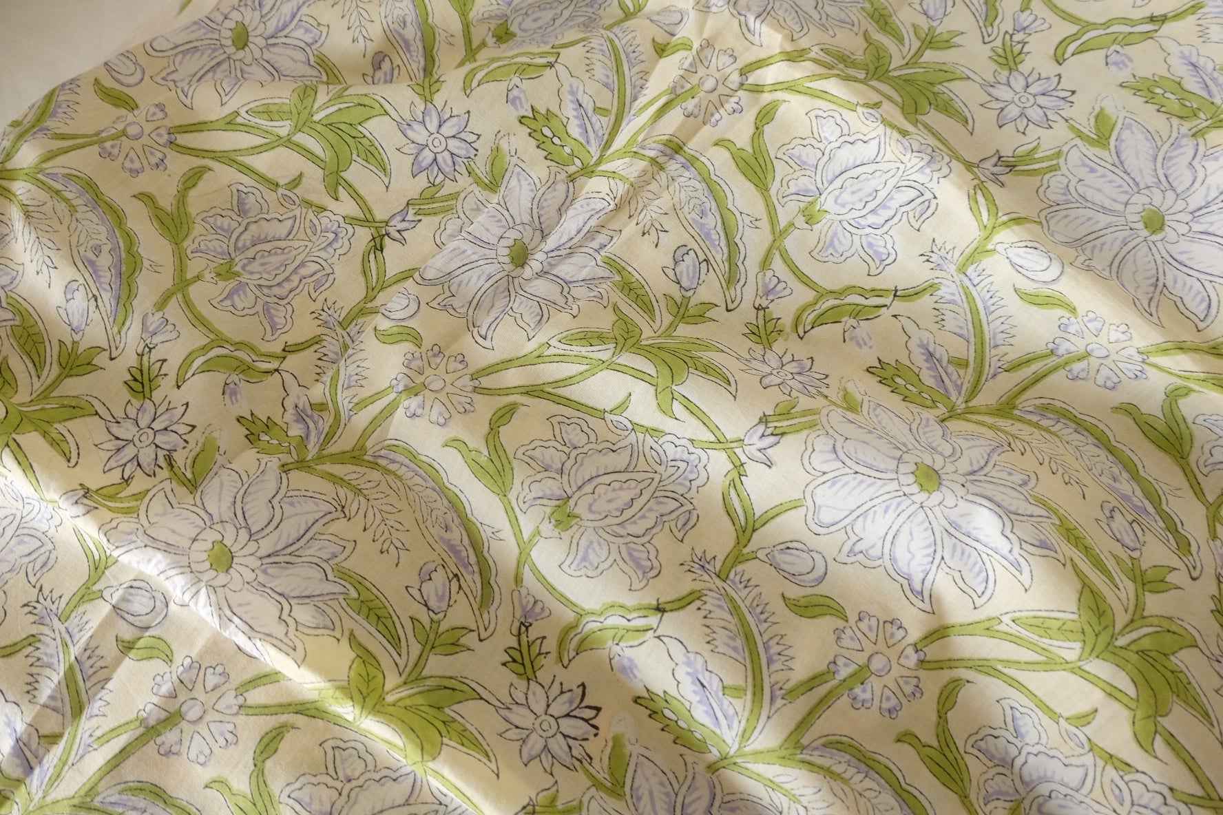Indian Hand Block Printed Cotton Fabric – Lavender Lotus Vine Pattern – Sold by the Meter