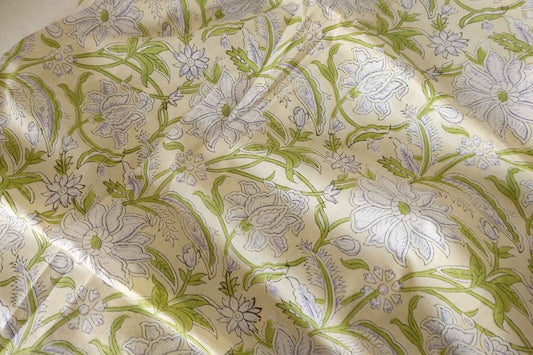 Indian Hand Block Printed Cotton Fabric – Lavender Lotus Vine Pattern – Sold by the Meter