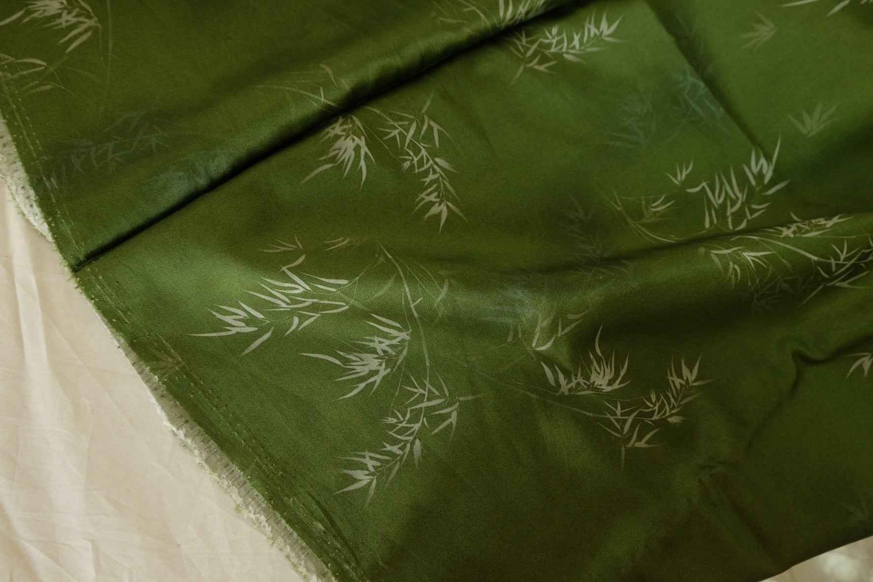 Silky Rayon Fabric – Moss Green Bamboo Leaf Print-2.2 yards