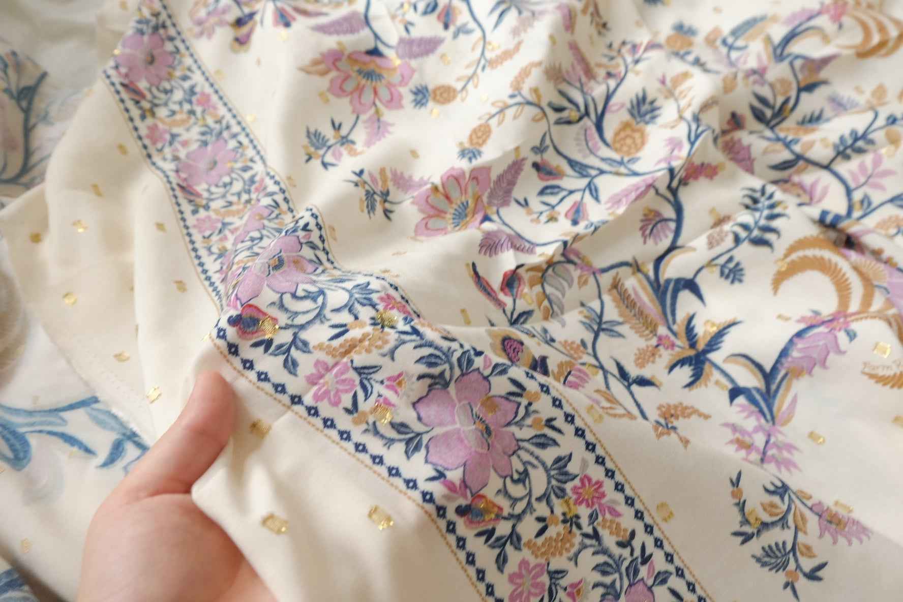 Metallic-Dotted Rayon Floral Bird Panel Fabric - 1.75 yd