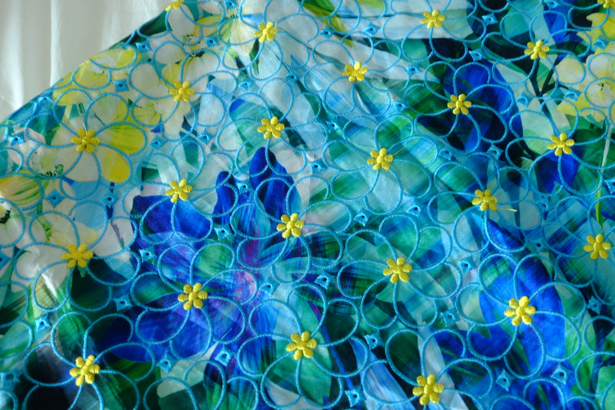 Tropical Blue Garden Embroidered Chiffon – 1.75 yd