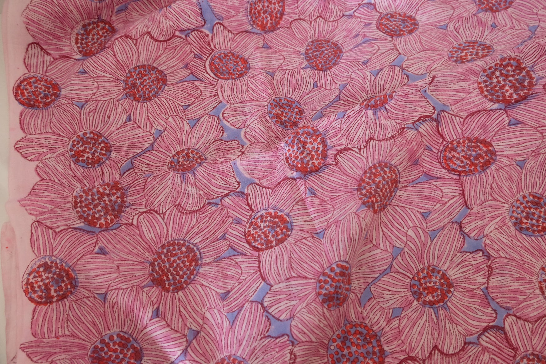 Hand Block Printed Indian Cotton Fabric – Pink Lotus Floral – Sold by the Meter