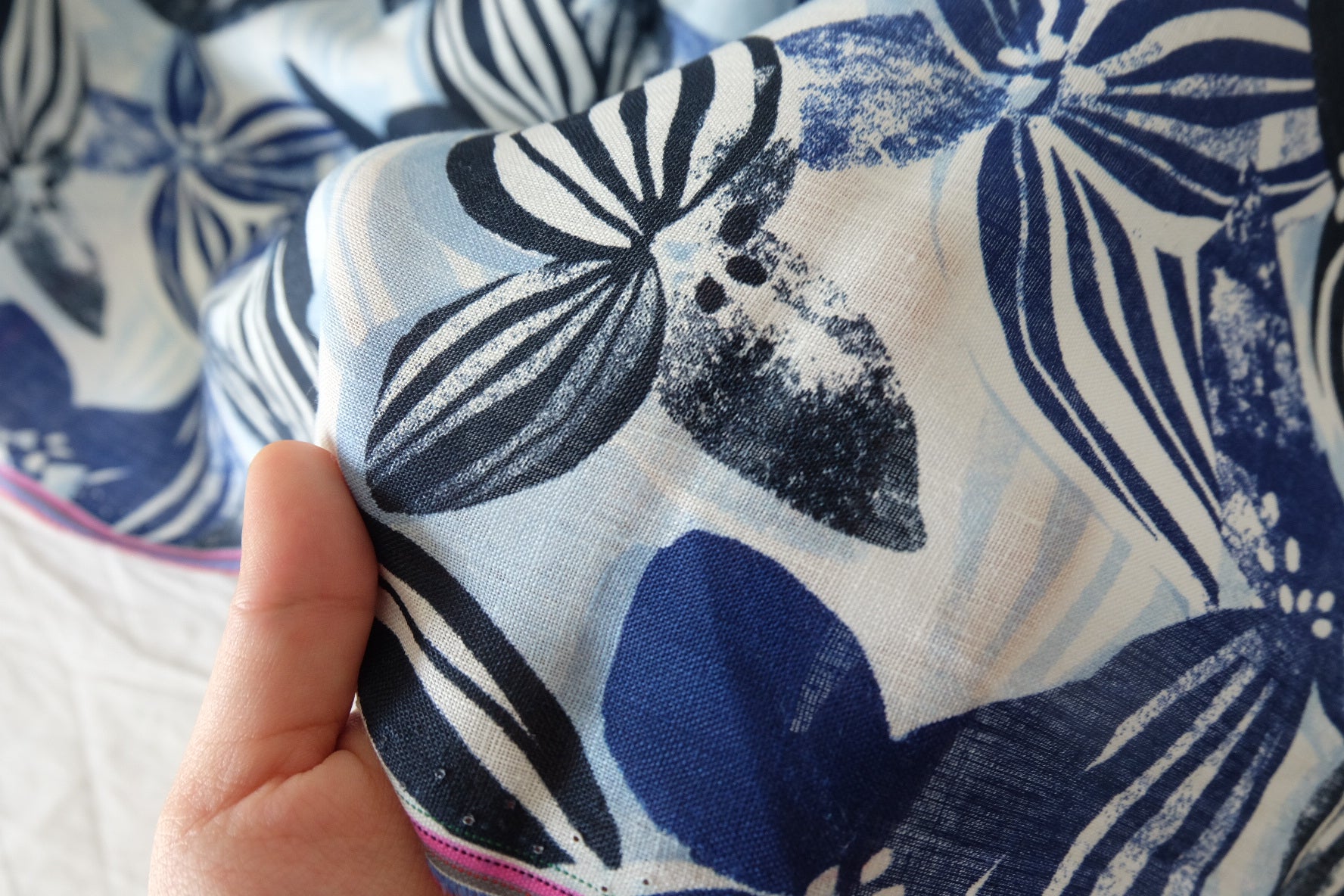 Blue Black Floral Heavy Pure Linen — 2.19 yd