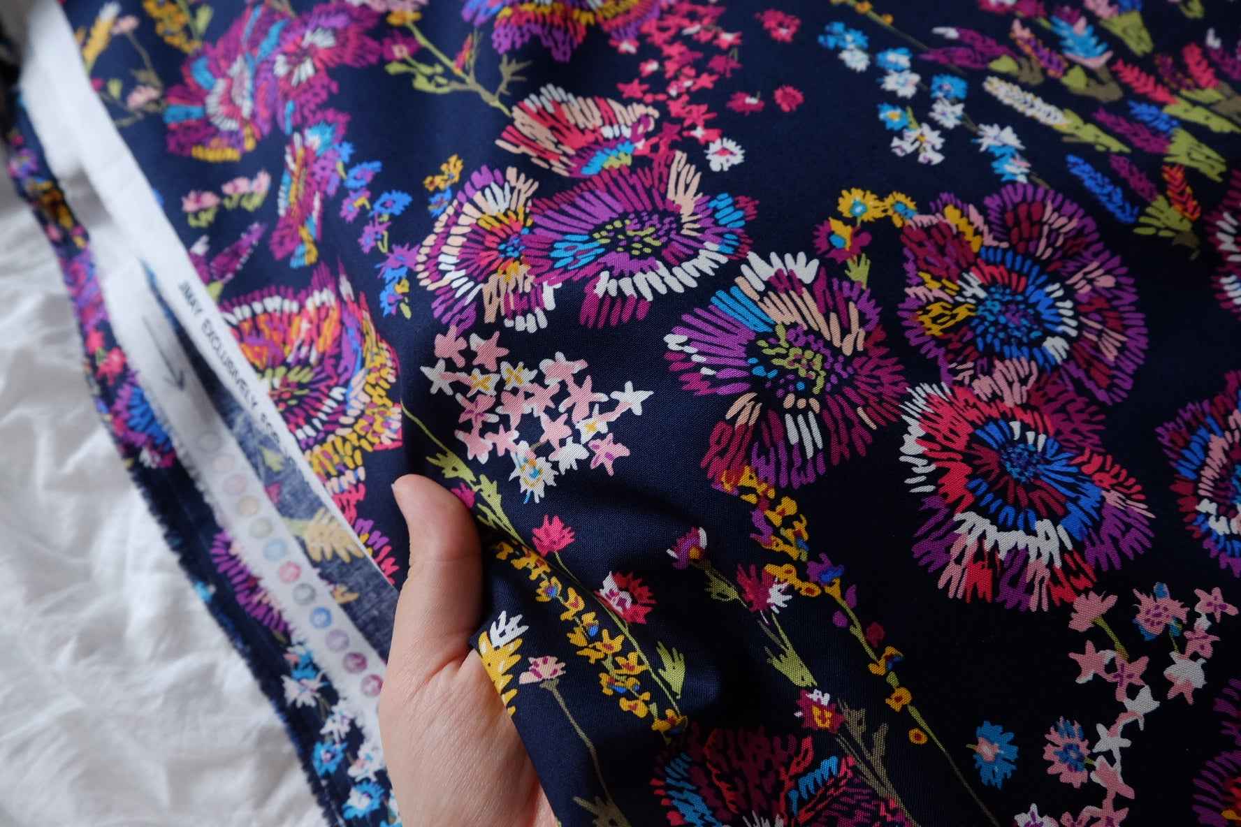 Navy Embroidered Floral Designer Deadstock Cotton Fabric - 1.64 Yards