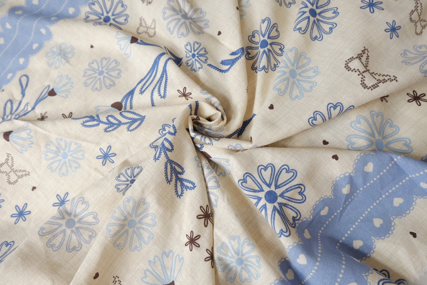 Blue Folk Floral Border Cotton Linen Fabric — 3.28 yd